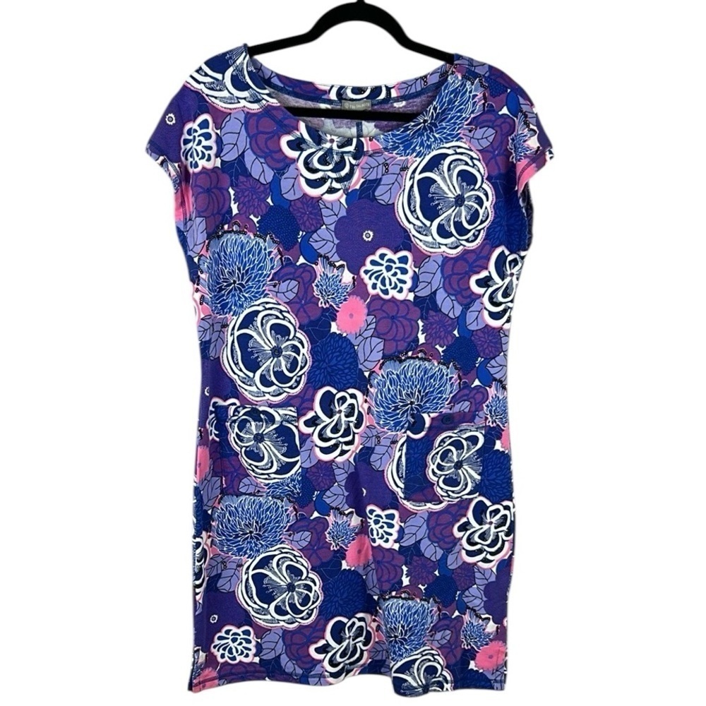 T by Talbots Casual Floral Cotton Modal Short Sleeve Dress Large Petite Blue